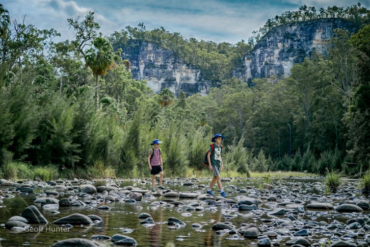 Boys crossing Carnarvon Creek_